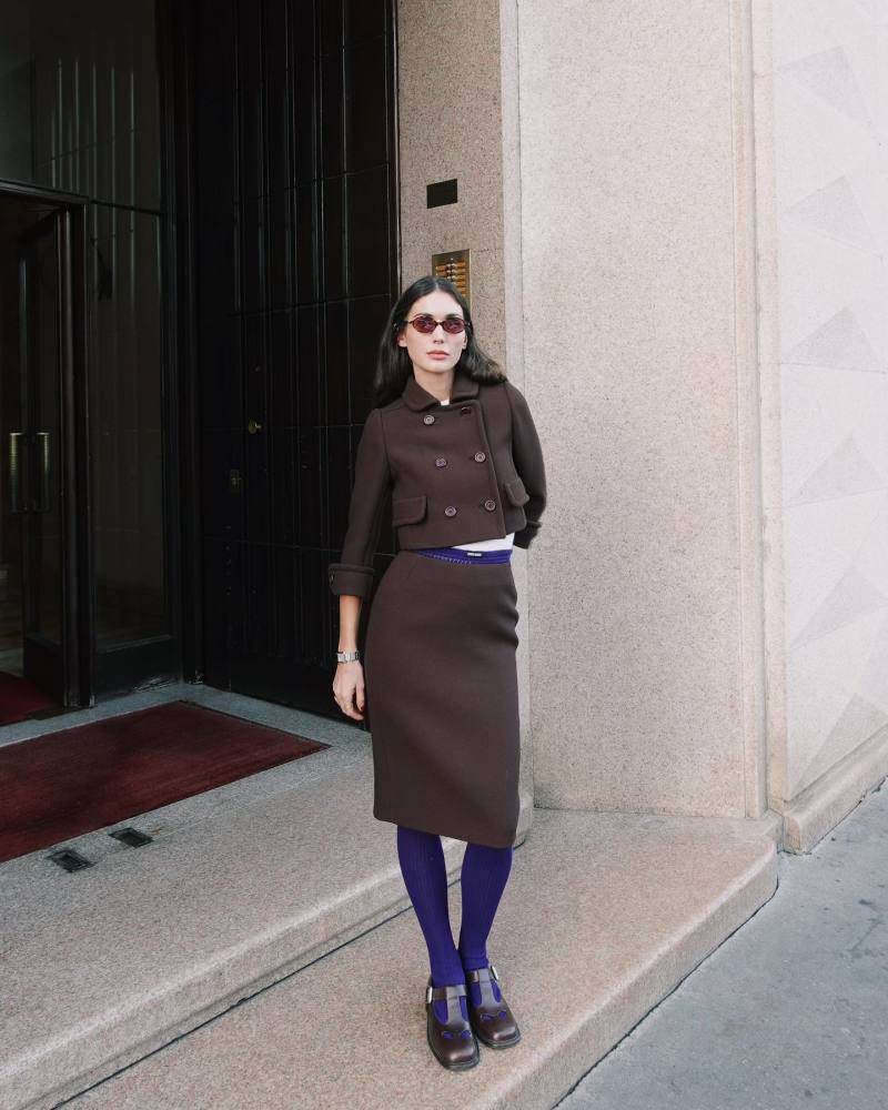 MIU MIU Double-breasted natté jacket, MIU MIU Natté pencil skirt, MIU MIU Leather T-bar shoes and MIU MIU Miu Regard sunglasses worn by Diletta Bonaiuti | dilettabonaiuti's closet
