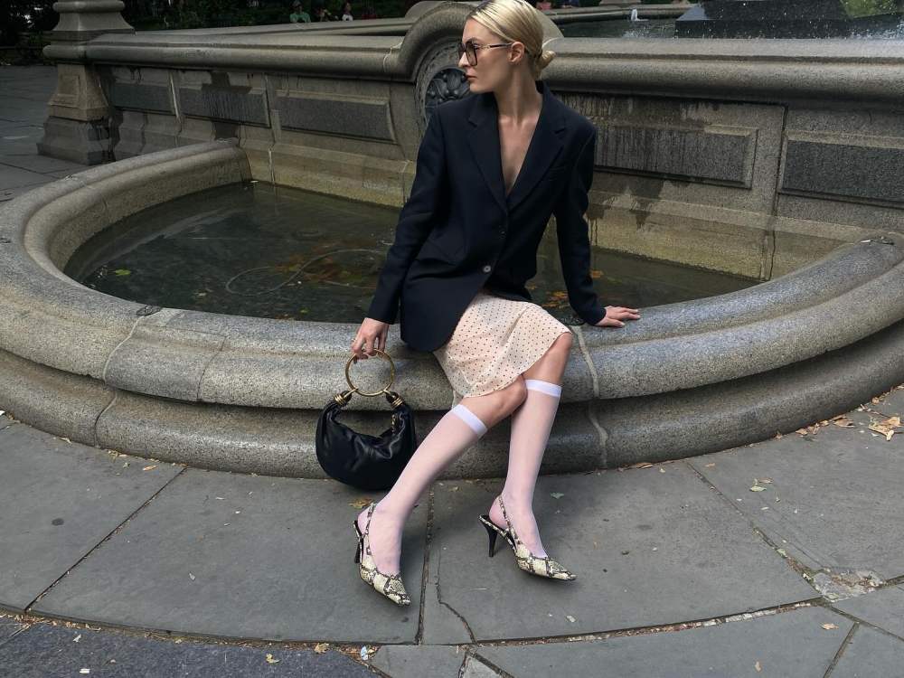 CHLOE SMALL BRACELET HOBO BAG IN GRAINED LEATHER and MANGO Semi-transparent polka-dot skirt and GUCCI 
Calfskin Python Print Square G 75mm Slingback Pumps worn by Christie Tyler | christietyler's closet