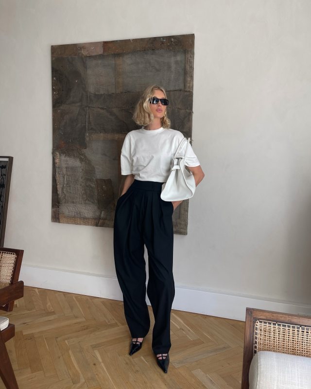 The Row Cyd leather Mary Jane pumps, The Row Soft Margaux 15 Bag and HELSA Crossover Suit Trouser worn by Elsa Hosk | hoskelsa's closet