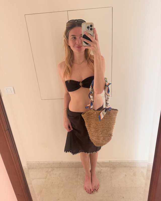 J.Crew Button-trim midi skirt in ramie and J.Crew Bandeau scrunchie bikini top with O-ring worn by Camille Charriere | Camille Charriere Outfits and Style