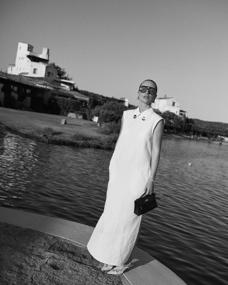 Miu Miu 55MM Patent Leather Multi-Buckle Slingbacks, Jil Sander Jewel-Embellished Maxi Shift Dress, Bottega Veneta Classic Aviator Sunglasses and HERMES Kelly bag worn by Viky Rader | vikyrader's closet