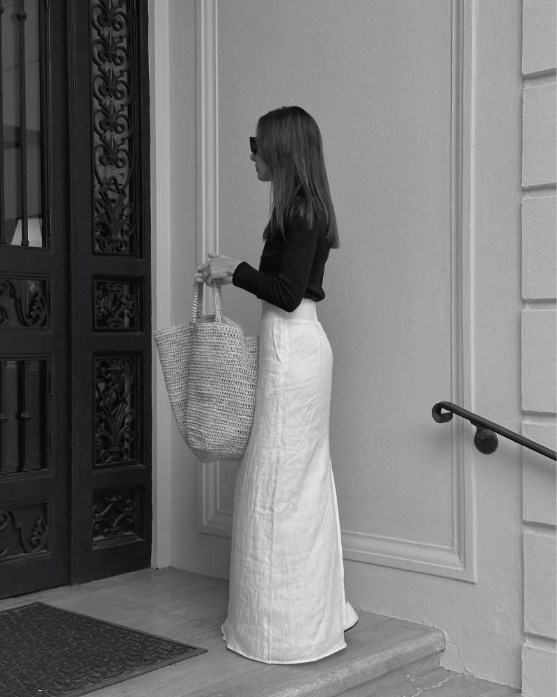 Jenni Kayne Woven Raffia Tote, The Row Elastic leather ballet flats, Saint Laurent SL 276 Mica cat-eye sunglasses and Second Summer 'Isla' Maxi Skirt worn by Şirin Haban | creativeecho's closet
