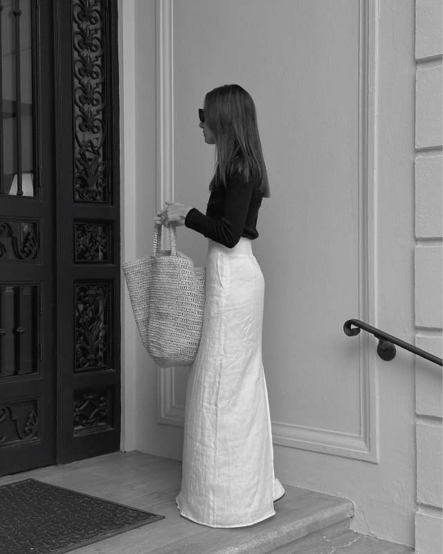 Jenni Kayne Woven Raffia Tote, The Row Elastic leather ballet flats, Saint Laurent SL 276 Mica cat-eye sunglasses and Second Summer 'Isla' Maxi Skirt worn by Şirin Haban | creativeecho's closet