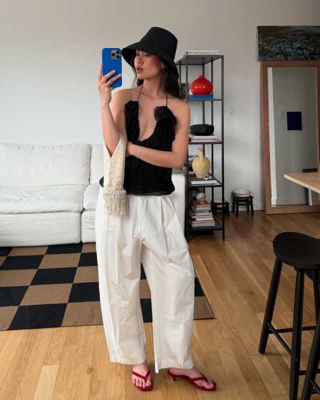 MANGO Rhinestone-embroidered handbag and DOEN EMMELIE TOP worn by Mimi Nguyen | Mimi Nguyen Outfits and Style