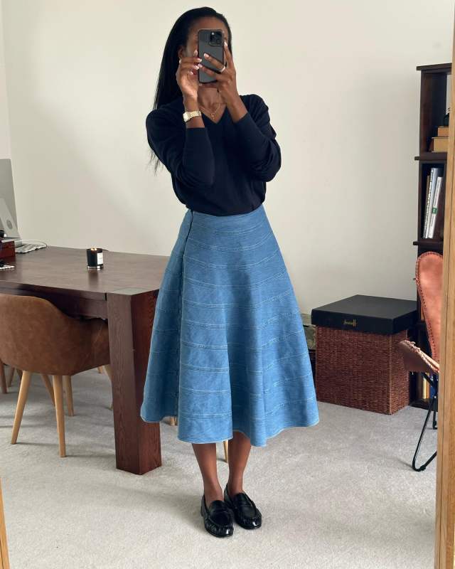 Altuzarra Grace paneled denim midi skirt worn by MARILYN | nlmarilyn's closet
