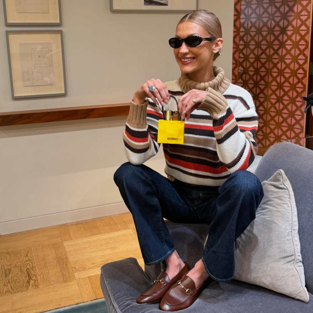 Gucci Jordaan Horsebit leather loafers, Orebella Nightcap Eau de Parfum 10ml, Orebella Blooming Fire Eau de Parfum 10ml, Orebella Window2Soul Eau de Parfum 10ml and Bonnie GROUPIE Black Sunglasses worn by Bella Hadid | Bella Hadid Outfits and Style