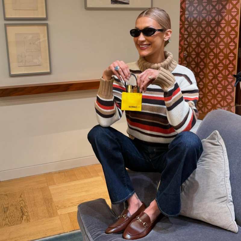 Gucci Jordaan Horsebit leather loafers, Orebella Nightcap Eau de Parfum 10ml, Orebella Blooming Fire Eau de Parfum 10ml, Orebella Window2Soul Eau de Parfum 10ml and Bonnie GROUPIE Black Sunglasses worn by Bella Hadid | Bella Hadid Outfits and Style