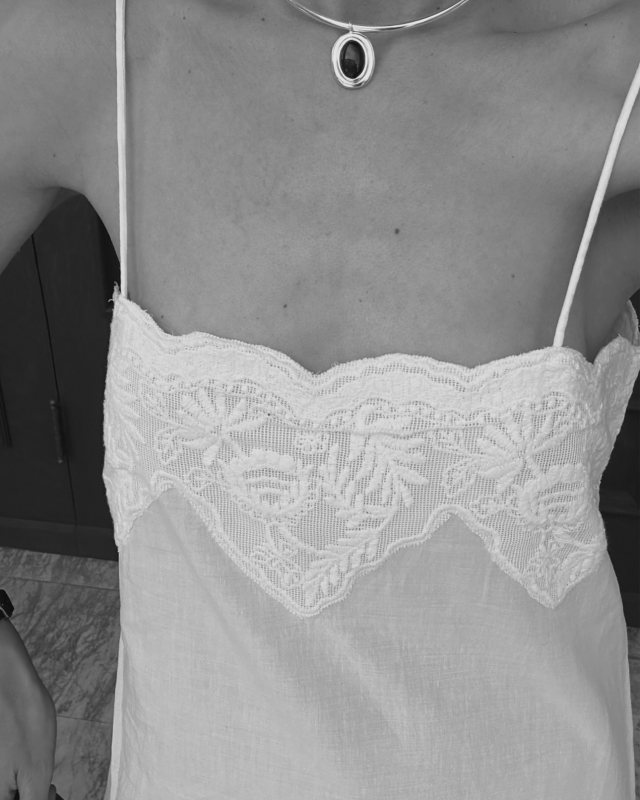 ZARA ZW COLLECTION EMBROIDERED STRAP DRESS and LIE STUDIO Exclusive Cleo Silver-Plated Necklace worn by Şirin Haban | Şirin Haban Outfits and Style
