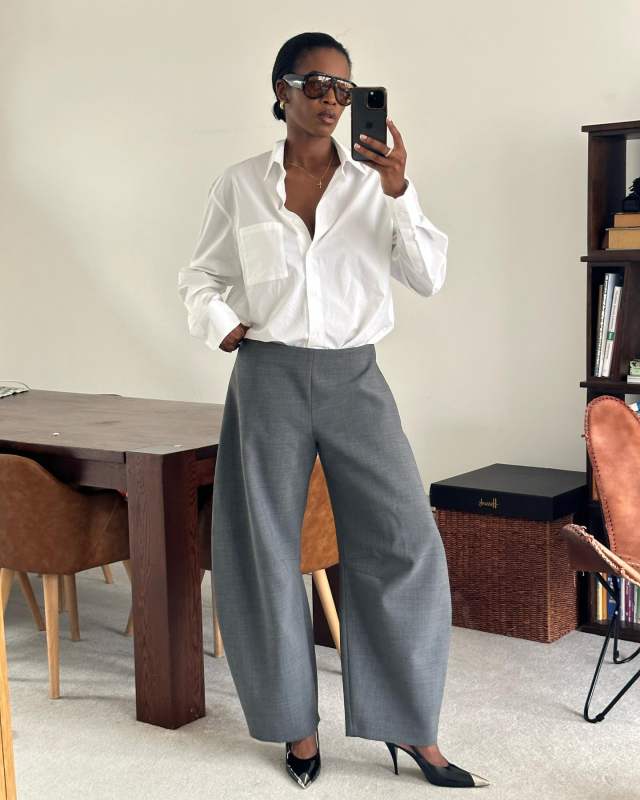A.W.A.K.E. MODE Oversized Wide-Leg Pants and Saint Laurent 90mm Vesper Patent Slingback Pumps worn by MARILYN | nlmarilyn's closet