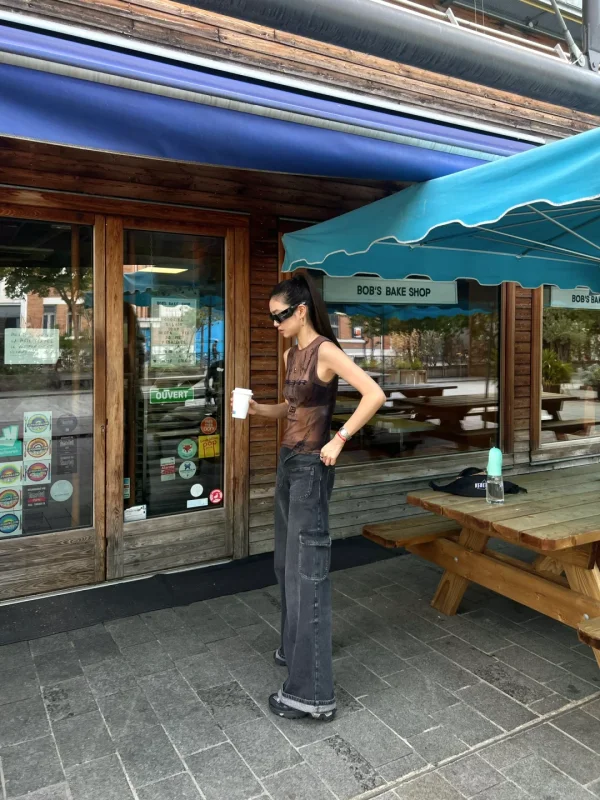 Saint Laurent SL 654 sunglasses, Jean Paul Gaultier Brown Shayne Oliver Edition 'GS Sport' Tank Top and Courrèges BAGGY CRISS CROSS DENIM TROUSERS worn by Estelle 陈瑜 | chen_estelle's closet