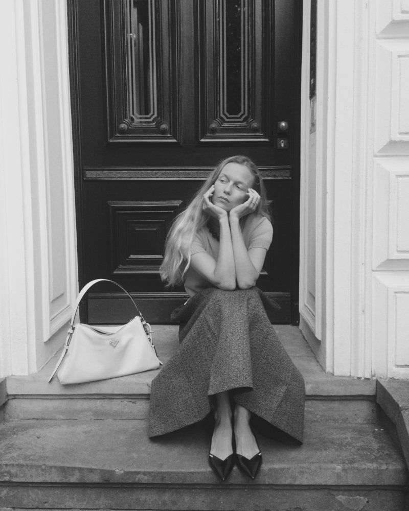 PRADA short-sleeve cashmere sweater, PRADA Mouliné midi-skirt, PRADA Aimée large leather shoulder bag and PRADA Brushed Leather Cut-Out Pumps worn by Marie von Behrens-Felipe | mvb's closet