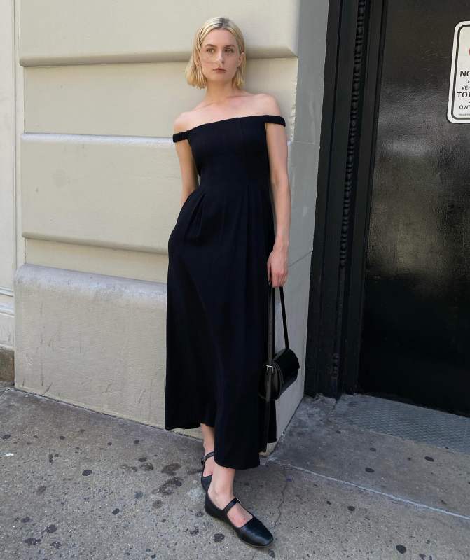 christietyler wearing The Row Ava leather Mary Jane ballet flats and na-kd dress