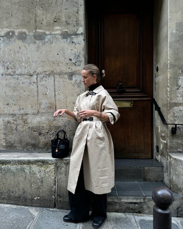 Maje Long Trench Coat and HERMES Picotin Lock 18 Pocket Black Bag worn by Annijor | annijor's closet