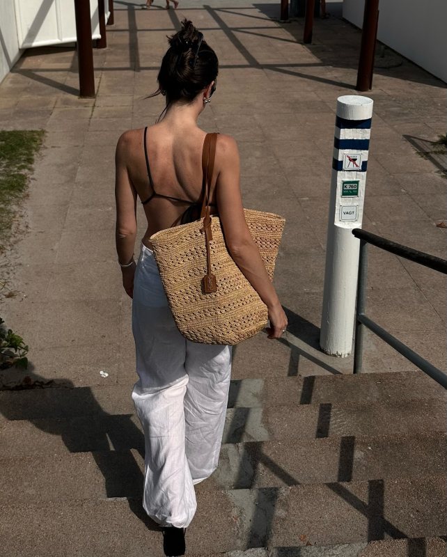 Saint Laurent Panier medium leather-trimmed raffia tote worn by Ilirida Krasniqi | iliridakrasniqi's closet