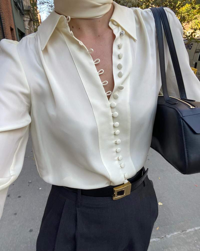 KHAITE Simona leather shoulder bag in black and ME + EM Silk Button Layering Shirt + Tie worn by Christie Tyler | christietyler's closet