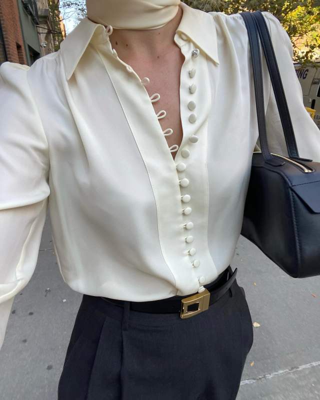 KHAITE Simona leather shoulder bag in black and ME + EM Silk Button Layering Shirt + Tie worn by Christie Tyler | christietyler's closet