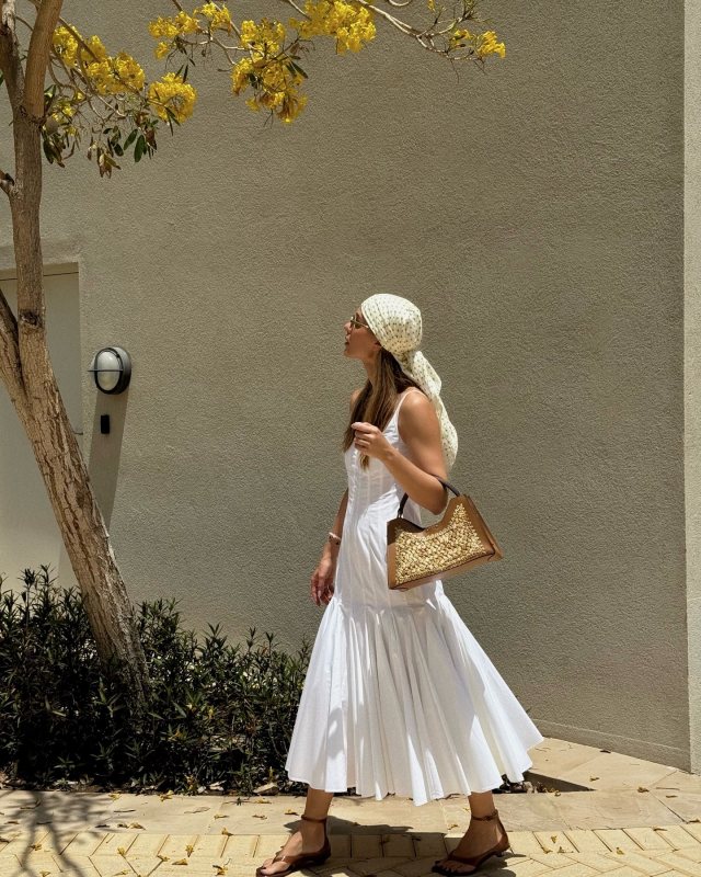 Chloe Jelly Thong Ankle-Strap Sandals, Jacquemus Agave Pleated Drop-Waist Midi Dress and CELINE Square in triomphe silk twill worn by Viky Rader | Viky Rader Outfits and Style