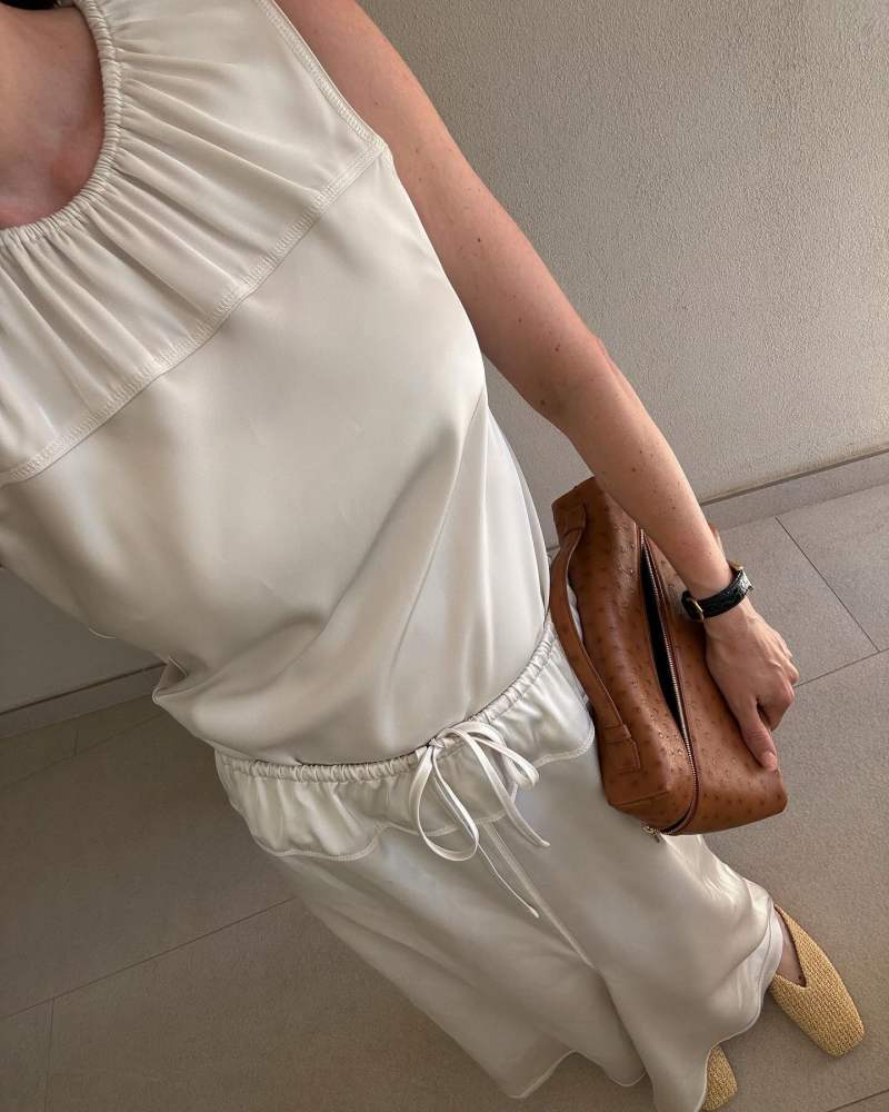 HOUSE OF DAGMAR SQUARE TOE SLIP INS, Loro Piana Extra Pocket L27 Ostrich Leather Pouch, Viktoria Chan CARWEN WRINKLED TANK and CARWEN LONG SKIRT worn by Annabel Rosendahl | annabelrosendahl's closet