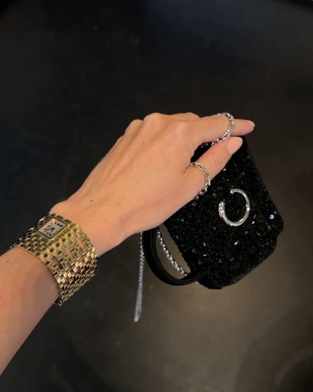 Cartier Panthère de Cartier micro recycled-nylon top-handle bag and Cartier Panthère de Cartier Cuff, quartz movement, yellow gold watch worn by annabelrosendahl's closet