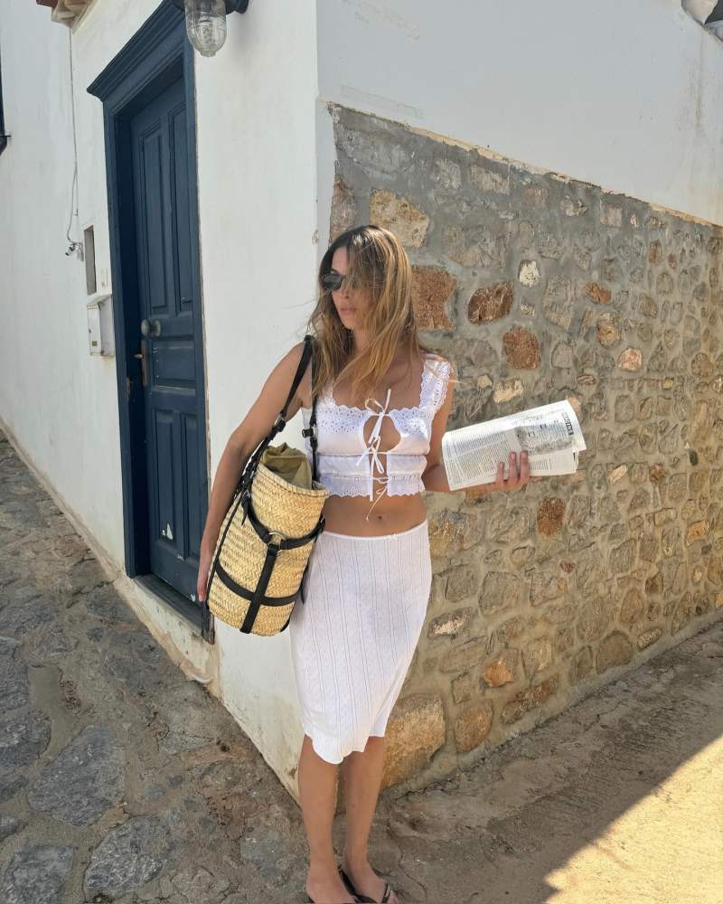 COUCOU The Pointelle Skirt, ALAIA Le Panier Bag and MaisonCléo MIMI IX white lace cotton top with embroideries worn by Camille Charrière | camillecharriere's closet