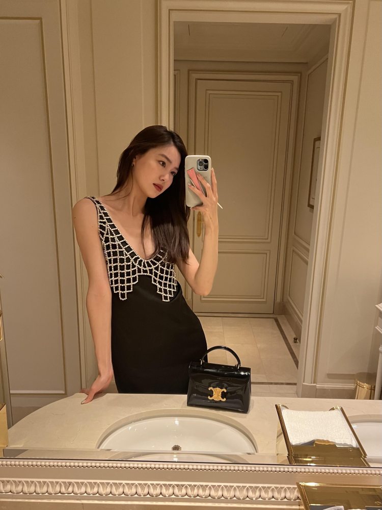 Self Portrait Embellished satin minidress and CELINE TEEN NINO BAG IN PATENT CALFSKIN worn by Estelle 陈瑜 | chen_estelle's closet