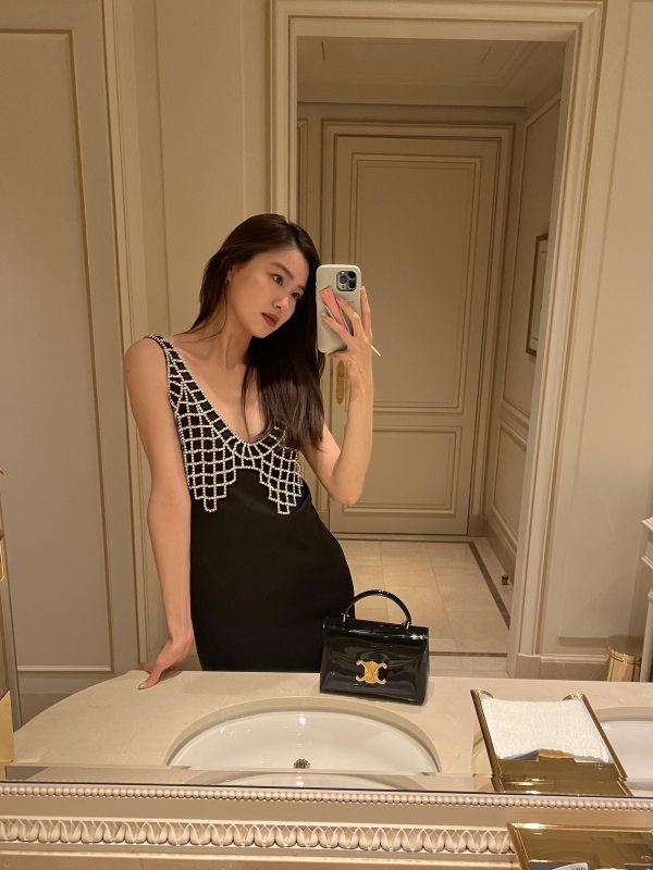 Self Portrait Embellished satin minidress and CELINE TEEN NINO BAG IN PATENT CALFSKIN worn by Estelle 陈瑜 | chen_estelle's closet