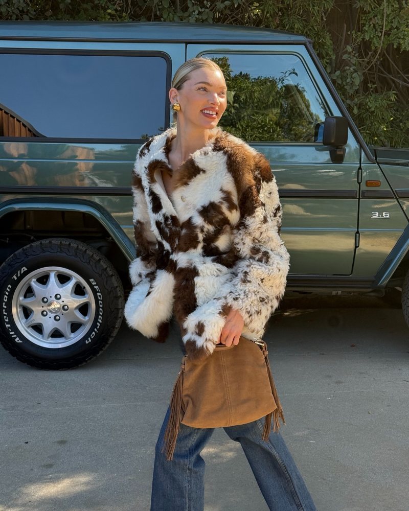 Maje Reversible Faux Fur Shearling Coat and Maje Suede Miss M bag worn by Elsa Hosk | hoskelsa's closet