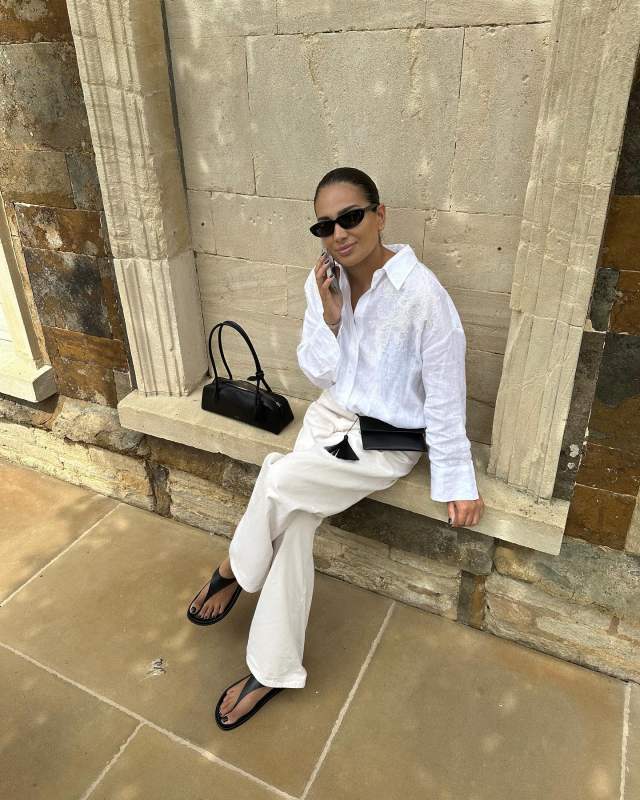 Alaïa Le Teckel leather shoulder bag, ZARA EMBROIDERED LINEN SHIRT and ZARA Sandals worn by Charlotte Emily Sanders | charlotteemilysanders's closet