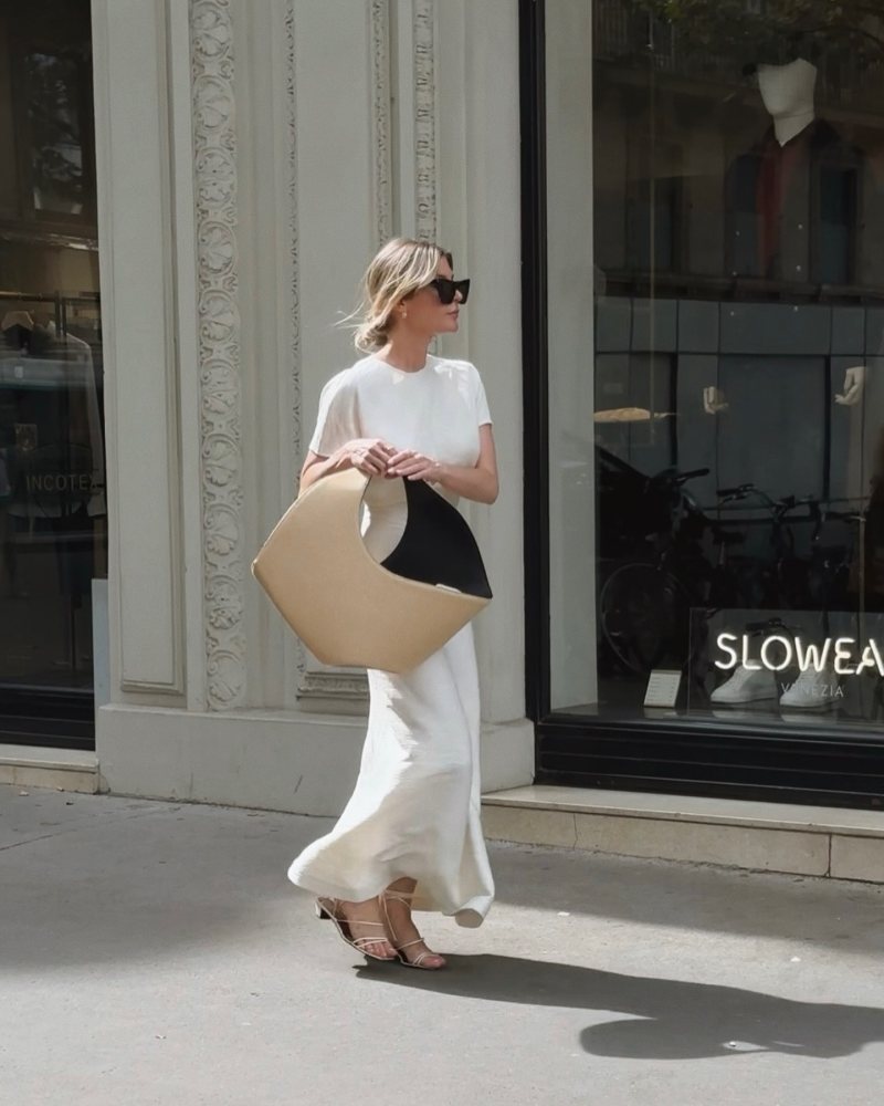 Toteme Slouch waist crinkled dress cream and NEOUS jupiter raffia shoulder bag worn by Lisa Grenn | lisa.grenn's closet