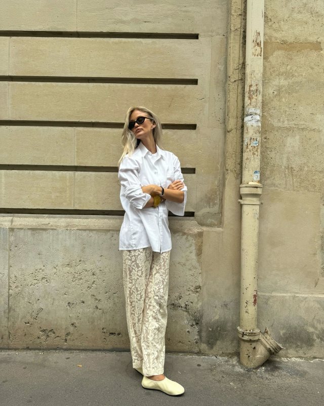 THE ROW Off-White Ozzy Slippers and NA-KD Lace Pants as seen on Josefine Haaning Jensen @josefinehj