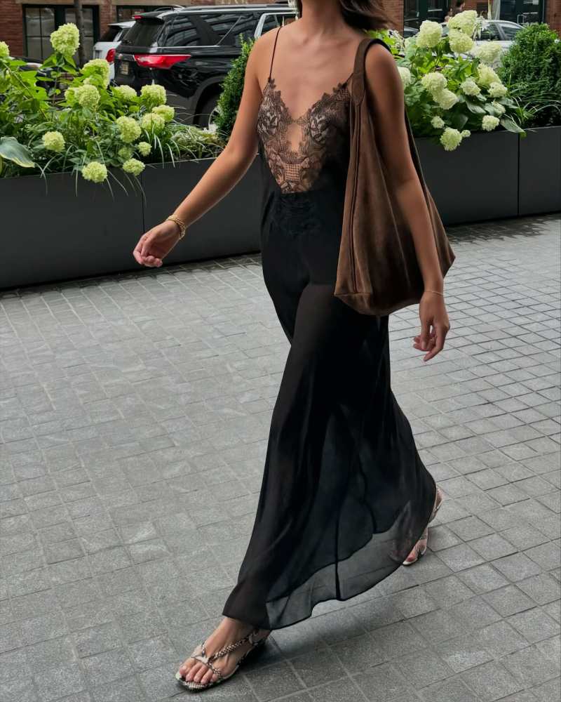 ZARA Lace Trim Georgette Dress, & Other Stories Large Suede Tote Bag and Massimo Dutti Sandals worn by Mimi Nguyen | Mimi Nguyen Outfits and Style