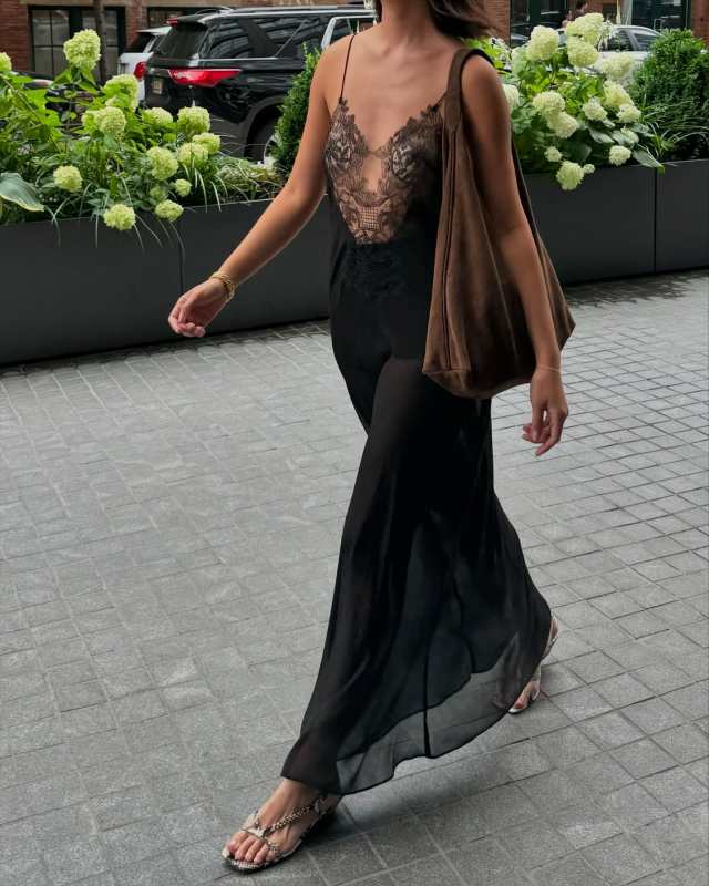 ZARA Lace Trim Georgette Dress, & Other Stories Large Suede Tote Bag and Massimo Dutti Sandals worn by Mimi Nguyen | Mimi Nguyen Outfits and Style