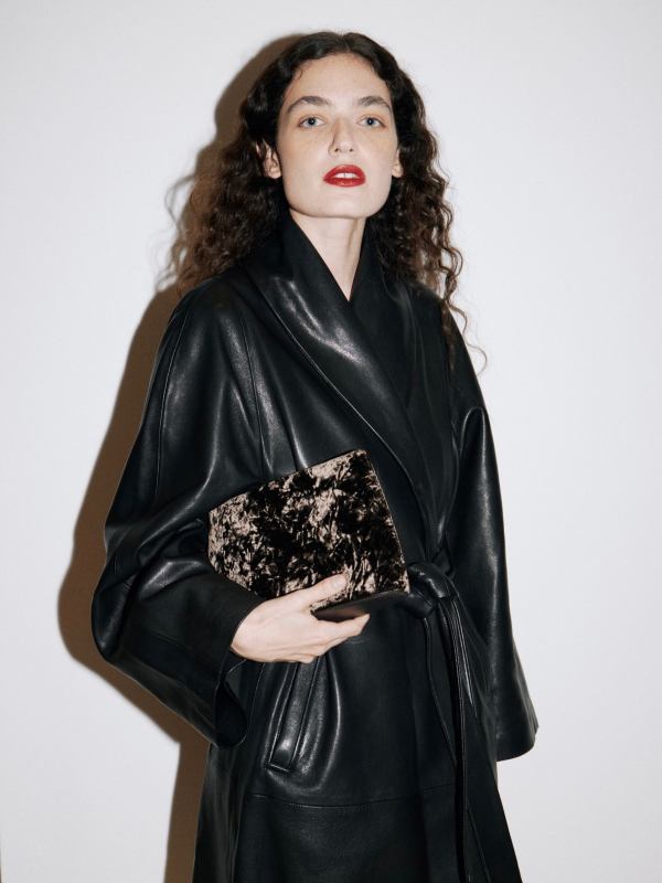 NOUR HAMMOUR Sylvie Shawl Collar Robe Coat, Liffner Zip Clutch Brown Velvet and BALENCIAGA red pumps worn by Emily Bonita | Emily Bonita Outfits and Style