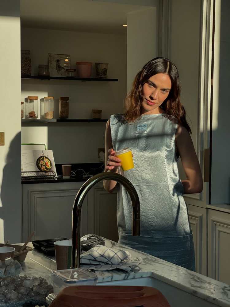Commission Blue Creased Lab Midi Dress worn by Alexa Chung | Alexa Chung Outfits and Style