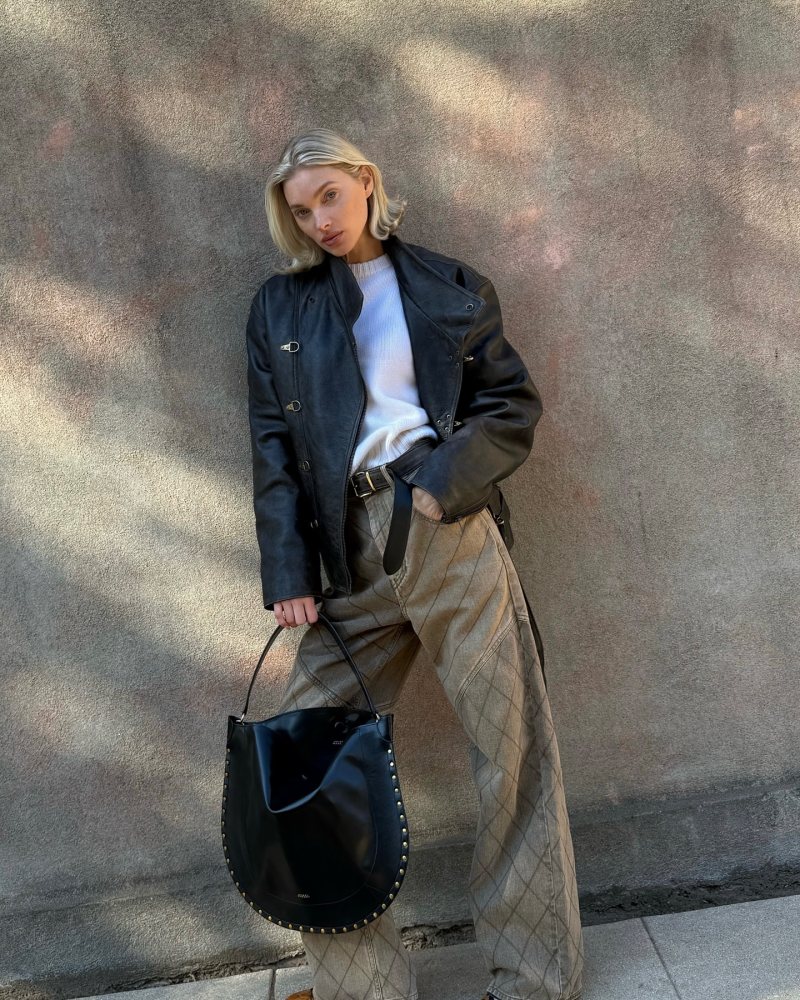 Isabel Marant Celie leather biker jacket, Isabel Marant Oskan Hobo Soft shoulder bag in calfskin leather, Isabel Marant Jorkis loose-fitting patchwork jeans and adidas Originals Wales Bonner Samba Shoes worn by Elsa Hosk | hoskelsa's closet