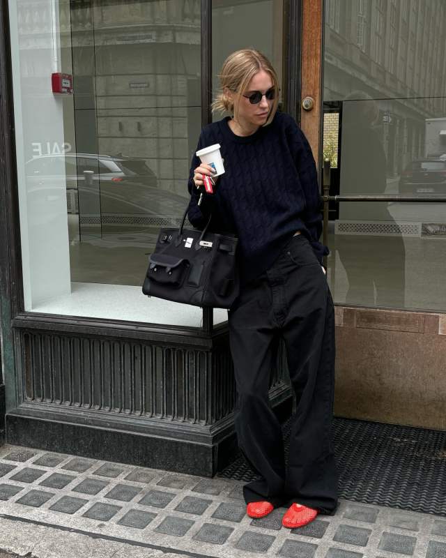 ALAIA Fishnet ballet flats, PHOEBE PHILO Denim Jeans, I Blame Lulu Sweater and HERMES Cargo Birkin worn by Pernille Teisbaek | pernilleteisbaek's closet