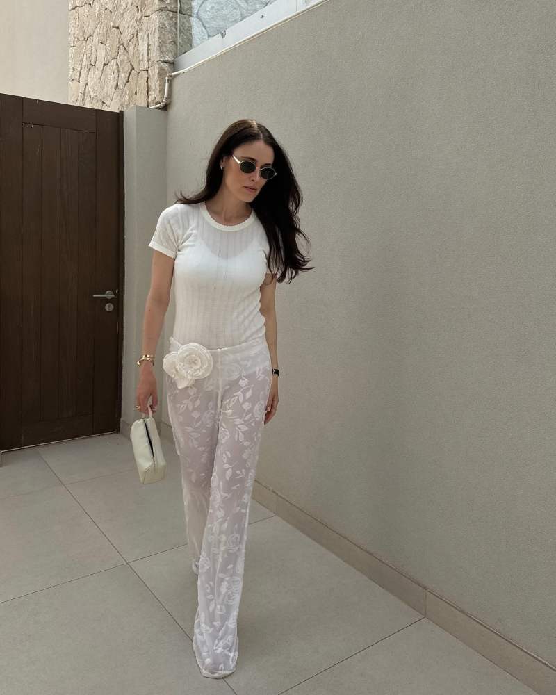 Saint Laurent SL 692 Sunglasses Silver-Silver-Grey One Size and Leset Pointelle Short Sleeve Tee White worn by Annabel Rosendahl | annabelrosendahl's closet