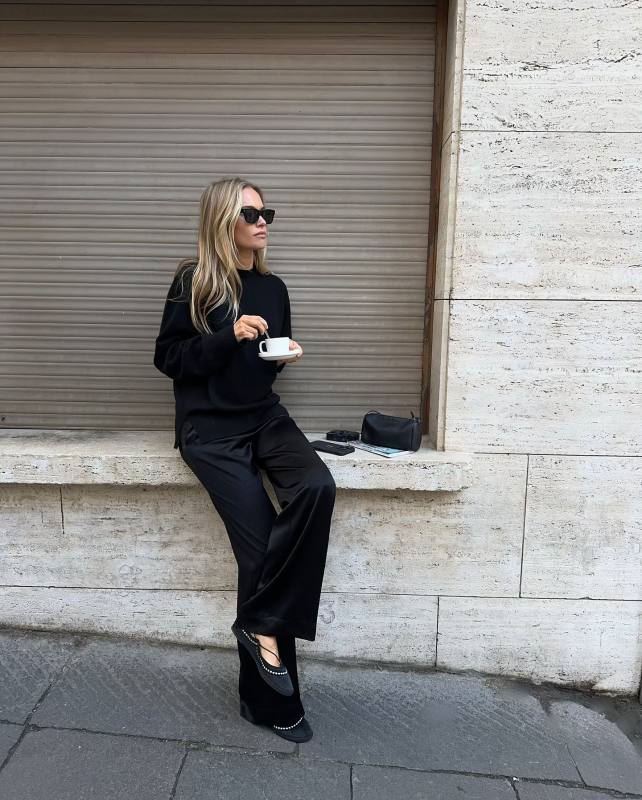 TOTEME Cashmere sweater, TOTEME High-rise satin wide-leg pants and ILIO SMERALDO GERALDINE ANKLE STRAP BALLET SHOES worn by Claire Rose Cliteur | clairerose's closet