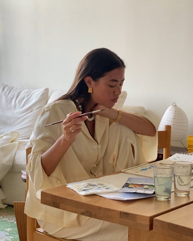 SLEEPER Louis satin-jacquard pajama set worn by Sasha Mei | sasha.mei's closet