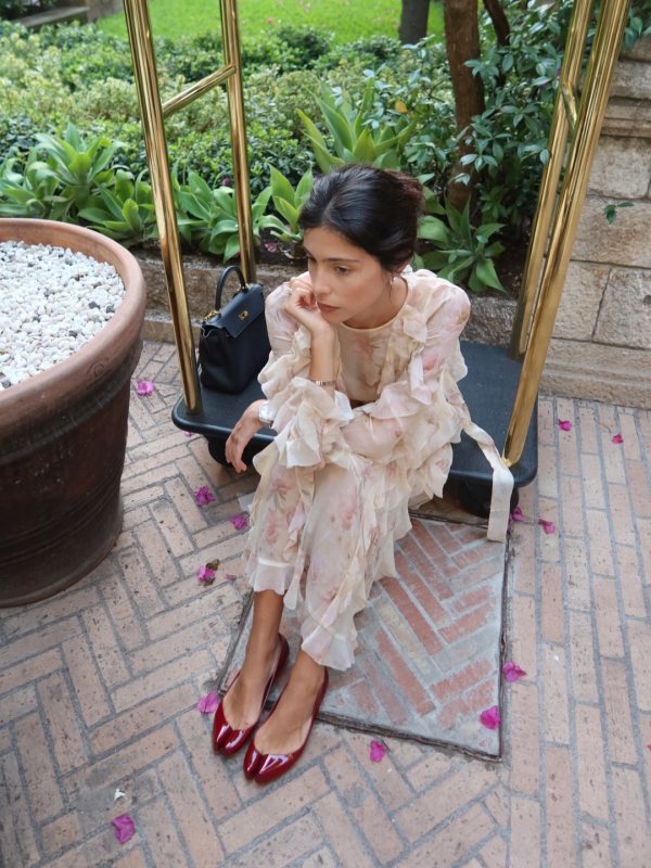 Zimmermann Hypnotic Frill Maxi Dress and Maison Margiela x Christian Louboutin Marlougiela Flats Bordeaux worn by vaprotasova | vaprotasova Outfits and Style