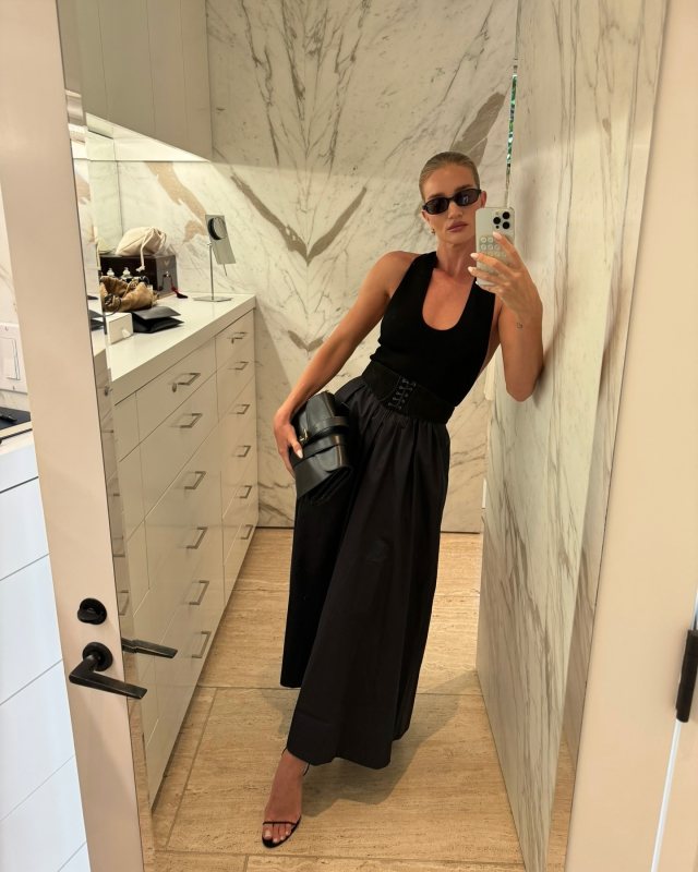 DMY Studios Black Margot Sunglasses, St. Agni Plunge Neck Dress - Black, FEMME Luce Minimale - Black and The Row Isla Clutch Bag worn by Rosie Huntington-Whiteley | rosiehw's closet