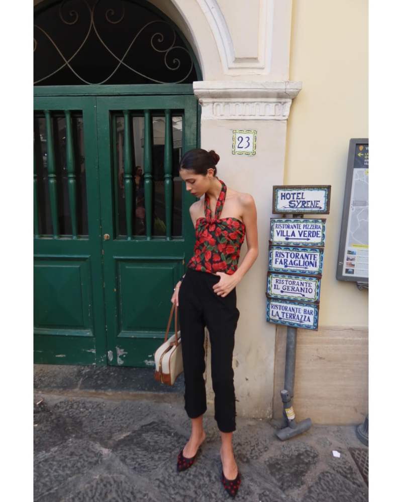 MIU MIU Beau Canvas Shoulder Bag and For Love & Lemons Abby Top worn by Vaprot Asova | Vaprot Asova Outfits and Style