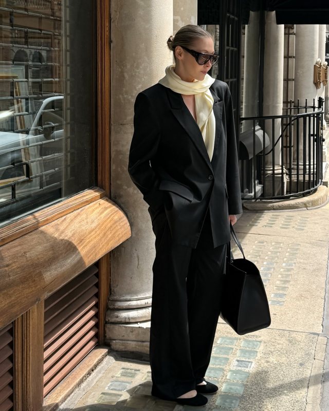 Toteme Satin Triangle Scarf worn by Victoria | Victoria Outfits and Style