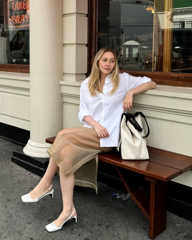 The Frankie Shop Exclusive Peri Silk-Blend Chiffon Midi Skirt, Prada Leather Slingback Pump in White and BALENCIAGA Navy Cabas Medium Canvas Tote Bag worn by Victoria | victoriaxbel's closet