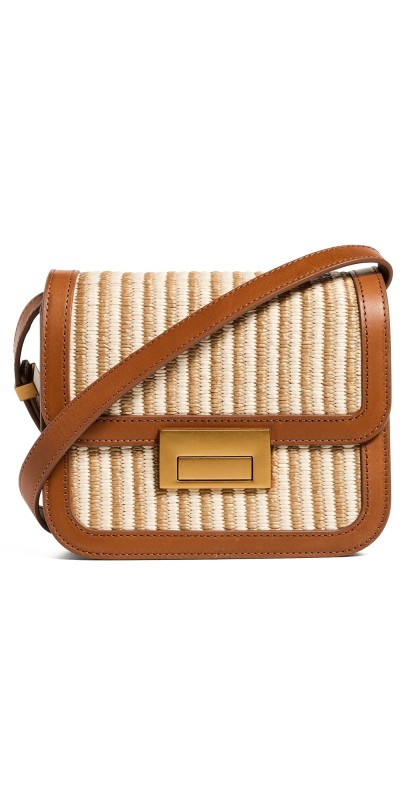 Loeffler Randall Desi Crossbody Bag with Lock Hardware Cream Brown Stripe/Cognac