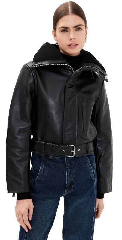 Victoria Beckham Cropped Leather Biker Jacket Black