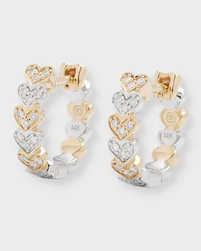 14k Two-Tone Gold Diamond Heart Huggie Earrings