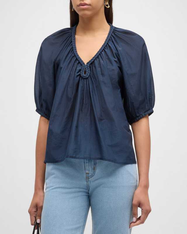 Blythe Ruched Braid-Trim Cotton-Silk Top