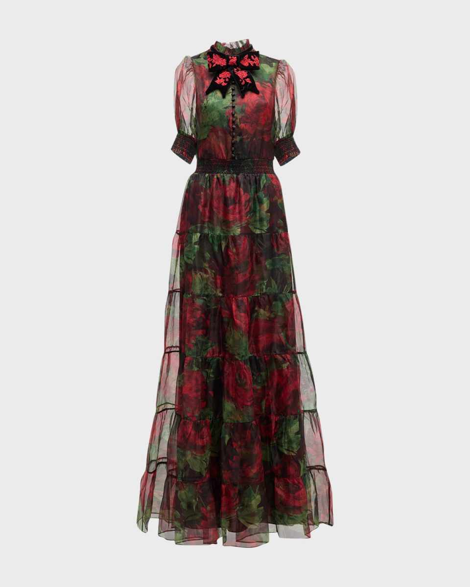 Coletta Bow-Neck Button-Front Maxi Dress