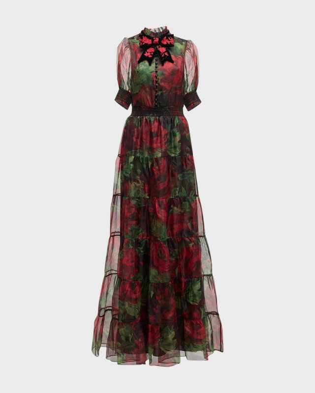Coletta Bow-Neck Button-Front Maxi Dress